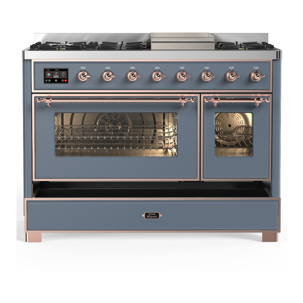ILVE UM48FNR3BGP Majestic III 48 inch Dual Fuel Range with 8 Burners and Griddle, Dual Function Burner up to 25,000 BTU (Natural Gas, Triple Glass Door, Blue Grey, Copper) 8 ILVE-UM48FNR3BGP-Drawer Open View