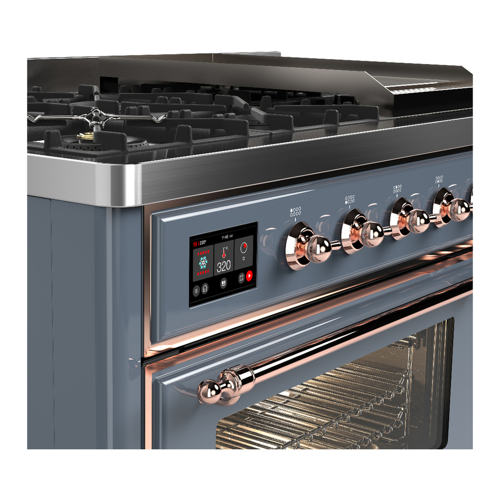 ILVE UM48FNR3BGP Majestic III 48 inch Dual Fuel Range with 8 Burners and Griddle, Dual Function Burner up to 25,000 BTU (Natural Gas, Triple Glass Door, Blue Grey, Copper) 7 ILVE-UM48FNR3BGP-Control Knobs View