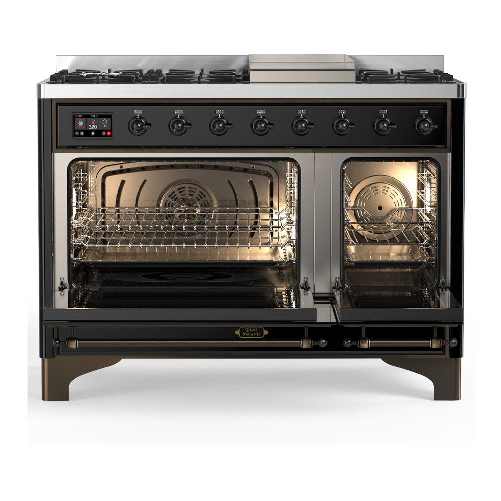 ILVE UM48FNR3BKBLP Majestic III 48 inch Dual Fuel Range with 8 Burners and Griddle, Dual Function Burner up to 25,000 BTU (Liquid Propane, Triple Glass Door, Glossy Black, Burnished) 5 ILVE-UM48FNR3BKBLP-Double Oven Open View