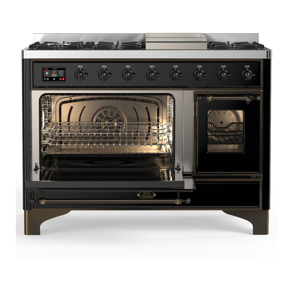 ILVE UM48FNR3BKBLP Majestic III 48 inch Dual Fuel Range with 8 Burners and Griddle, Dual Function Burner up to 25,000 BTU (Liquid Propane, Triple Glass Door, Glossy Black, Burnished) 6 ILVE-UM48FNR3BKBLP-Primary Oven Open View