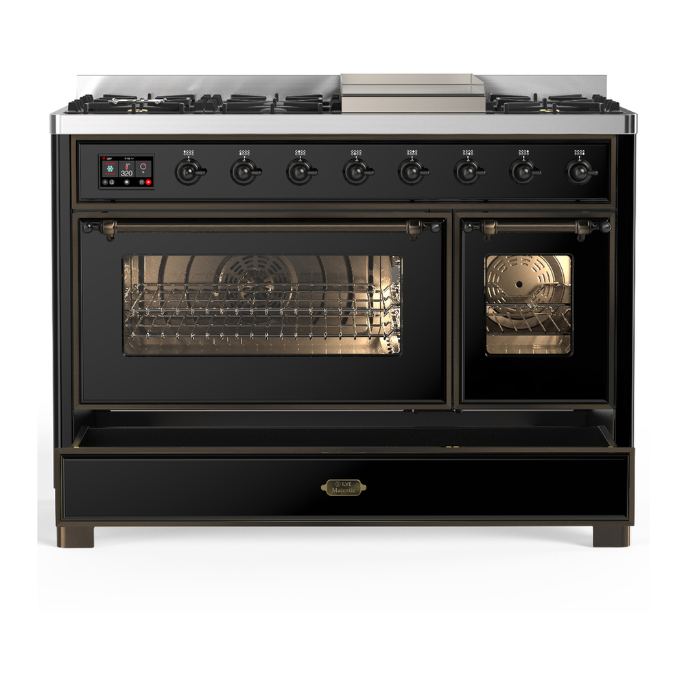 ILVE UM48FNR3BKB Majestic III 48 inch Dual Fuel Range with 8 Burners and Griddle, Dual Function Burner up to 25,000 BTU (Natural Gas, Triple Glass Door, Glossy Black, Burnished) 8 ILVE-UM48FNR3BKB-Drawer Open View