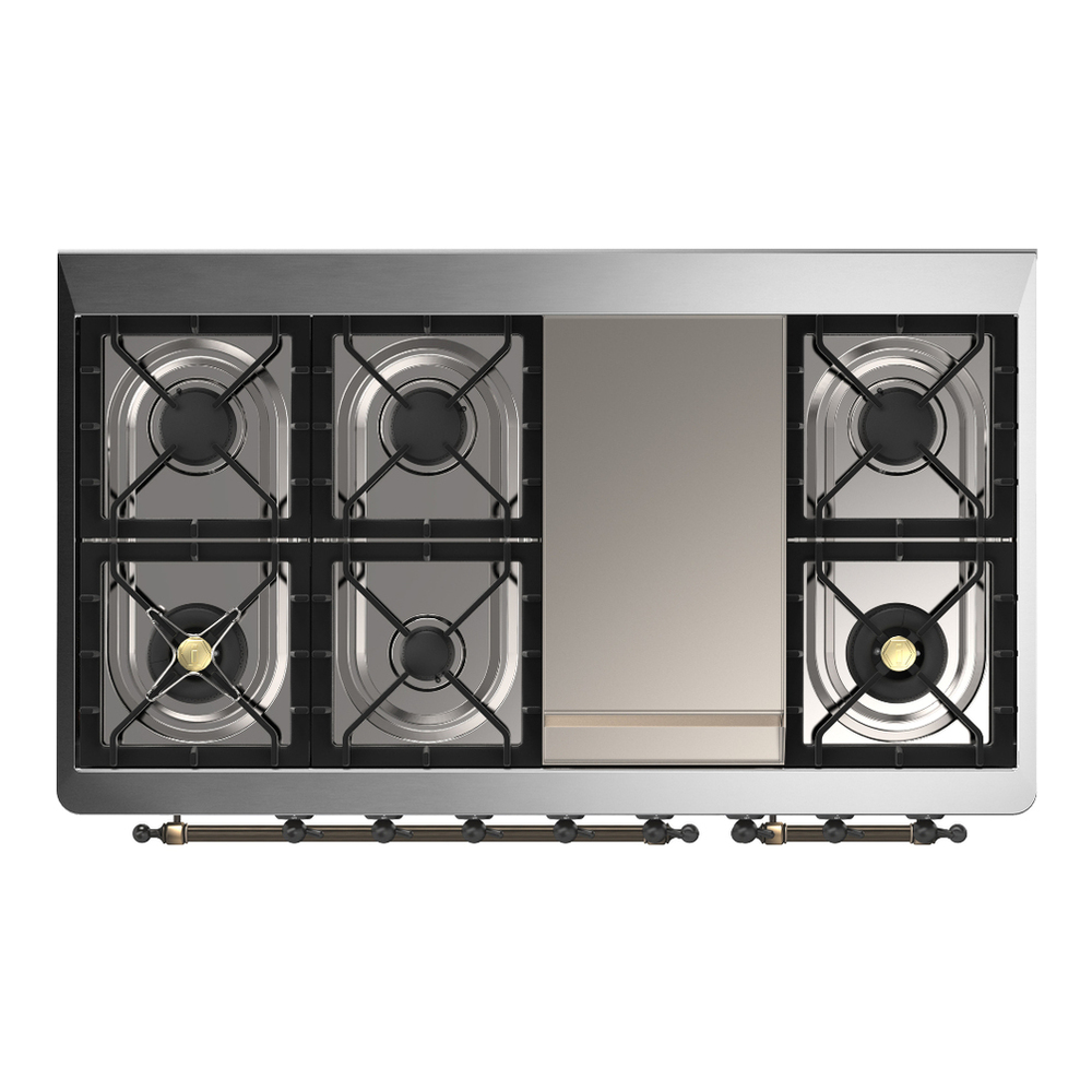 ILVE UM48FNR3BKB Majestic III 48 inch Dual Fuel Range with 8 Burners and Griddle, Dual Function Burner up to 25,000 BTU (Natural Gas, Triple Glass Door, Glossy Black, Burnished) 9 ILVE-UM48FNR3BKB-Top View