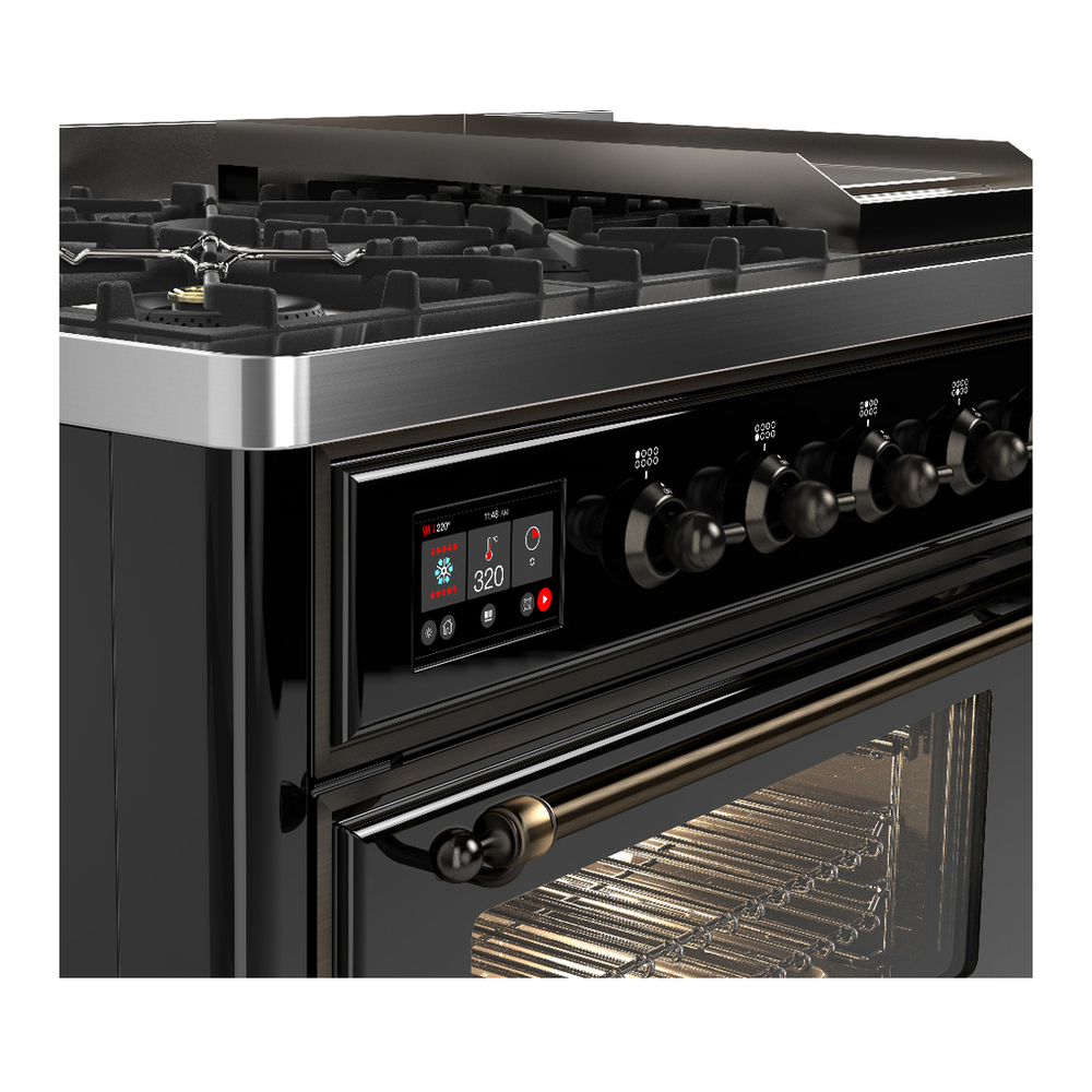 ILVE UM48FNR3BKB Majestic III 48 inch Dual Fuel Range with 8 Burners and Griddle, Dual Function Burner up to 25,000 BTU (Natural Gas, Triple Glass Door, Glossy Black, Burnished) 10 ILVE-UM48FNR3BKB-Control Knobs View