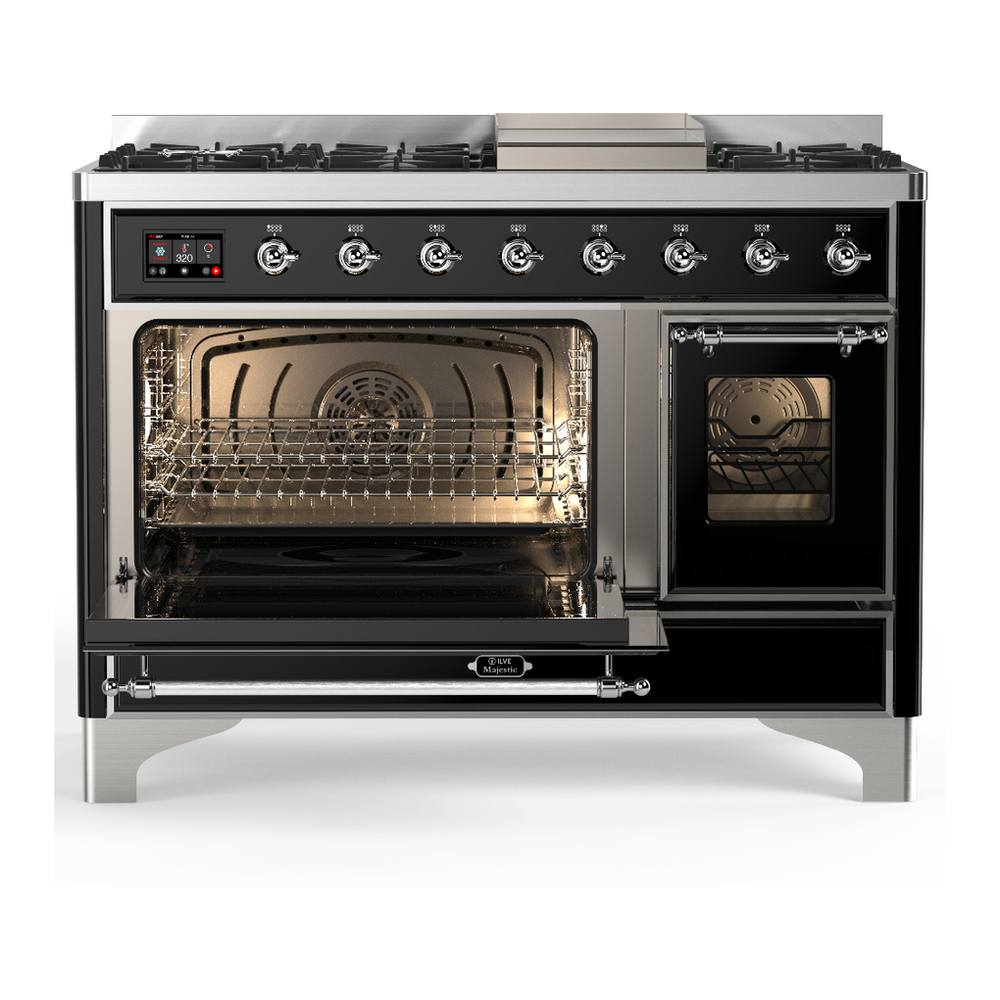 ILVE UM48FNR3BKCLP Majestic III 48 inch Dual Fuel Range with 8 Burners and Griddle, Dual Function Burner up to 25,000 BTU (Liquid Propane, Triple Glass Door, Glossy Black, Chrome) 6 ILVE-UM48FNR3BKCLP-Primary Oven Open View
