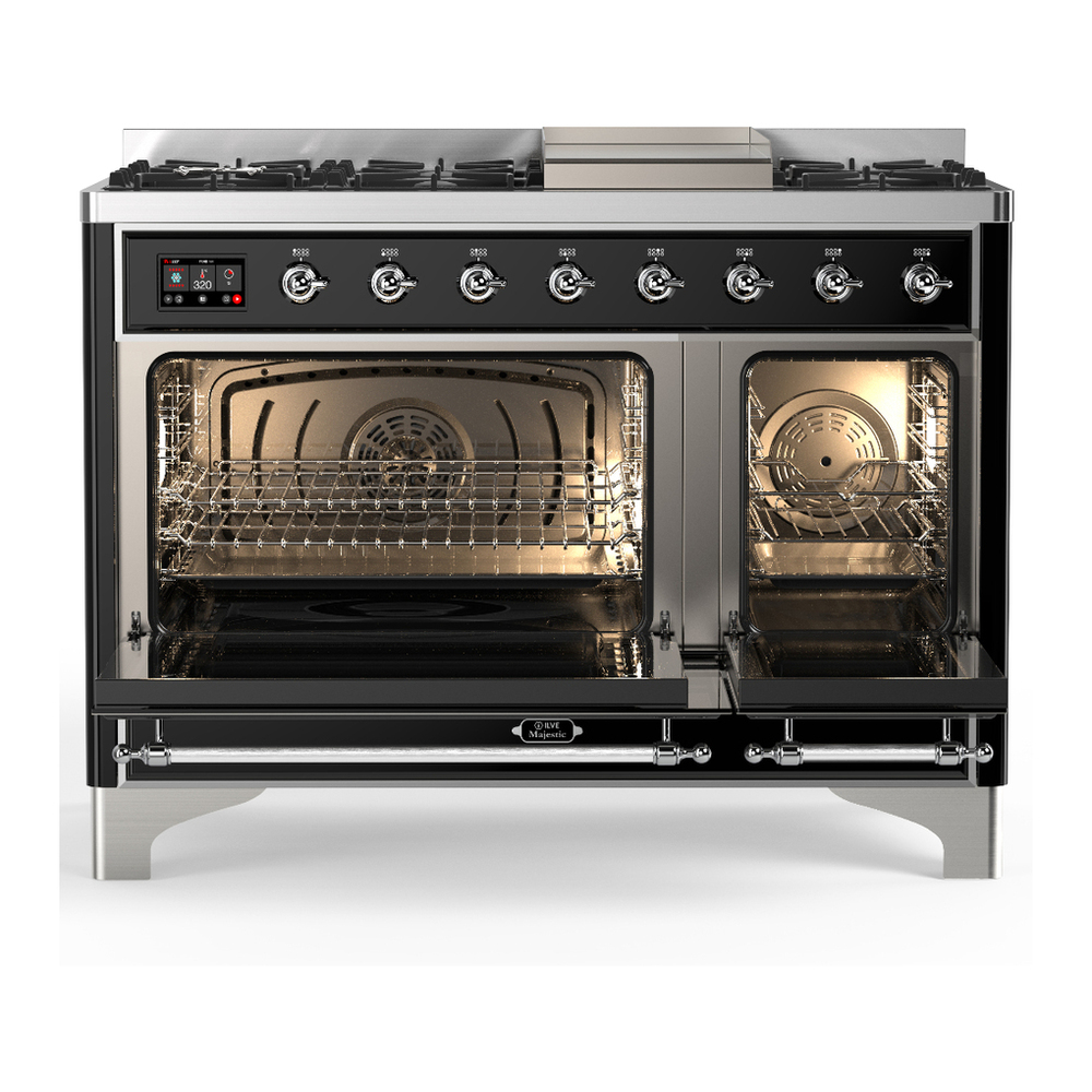 ILVE UM48FNR3BKC Majestic III 48 inch Dual Fuel Range with 8 Burners and Griddle, Dual Function Burner up to 25,000 BTU (Natural Gas, Triple Glass Door, Glossy Black, Chrome) 5 ILVE-UM48FNR3BKC-Double Oven Open View