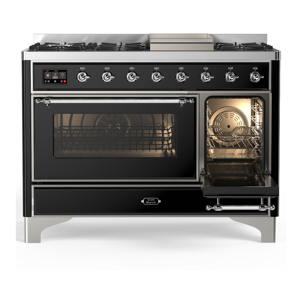 ILVE UM48FNR3BKC Majestic III 48 inch Dual Fuel Range with 8 Burners and Griddle, Dual Function Burner up to 25,000 BTU (Natural Gas, Triple Glass Door, Glossy Black, Chrome) 7 ILVE-UM48FNR3BKC-Secondary Oven Open View