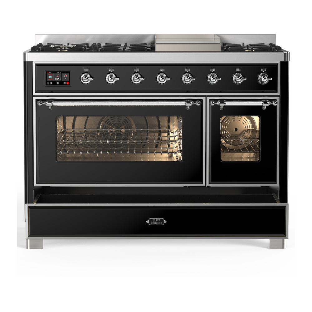 ILVE UM48FNR3BKC Majestic III 48 inch Dual Fuel Range with 8 Burners and Griddle, Dual Function Burner up to 25,000 BTU (Natural Gas, Triple Glass Door, Glossy Black, Chrome) 8 ILVE-UM48FNR3BKC-Drawer Open View