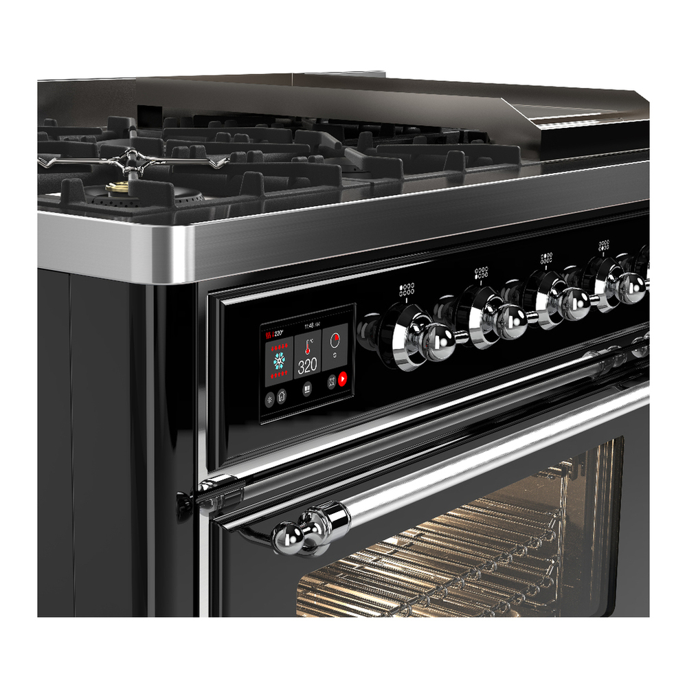 ILVE UM48FNR3BKC Majestic III 48 inch Dual Fuel Range with 8 Burners and Griddle, Dual Function Burner up to 25,000 BTU (Natural Gas, Triple Glass Door, Glossy Black, Chrome) 10 ILVE-UM48FNR3BKC-Control Knobs View