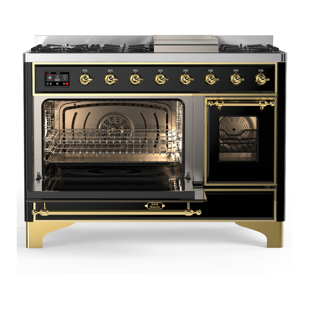 ILVE UM48FNR3BKGLP Majestic III 48 inch Dual Fuel Range with 8 Burners and Griddle, Dual Function Burner up to 25,000 BTU (Liquid Propane, Triple Glass Door, Glossy Black, Brass) 6 ILVE-UM48FNR3BKGLP-Primary Oven Open View
