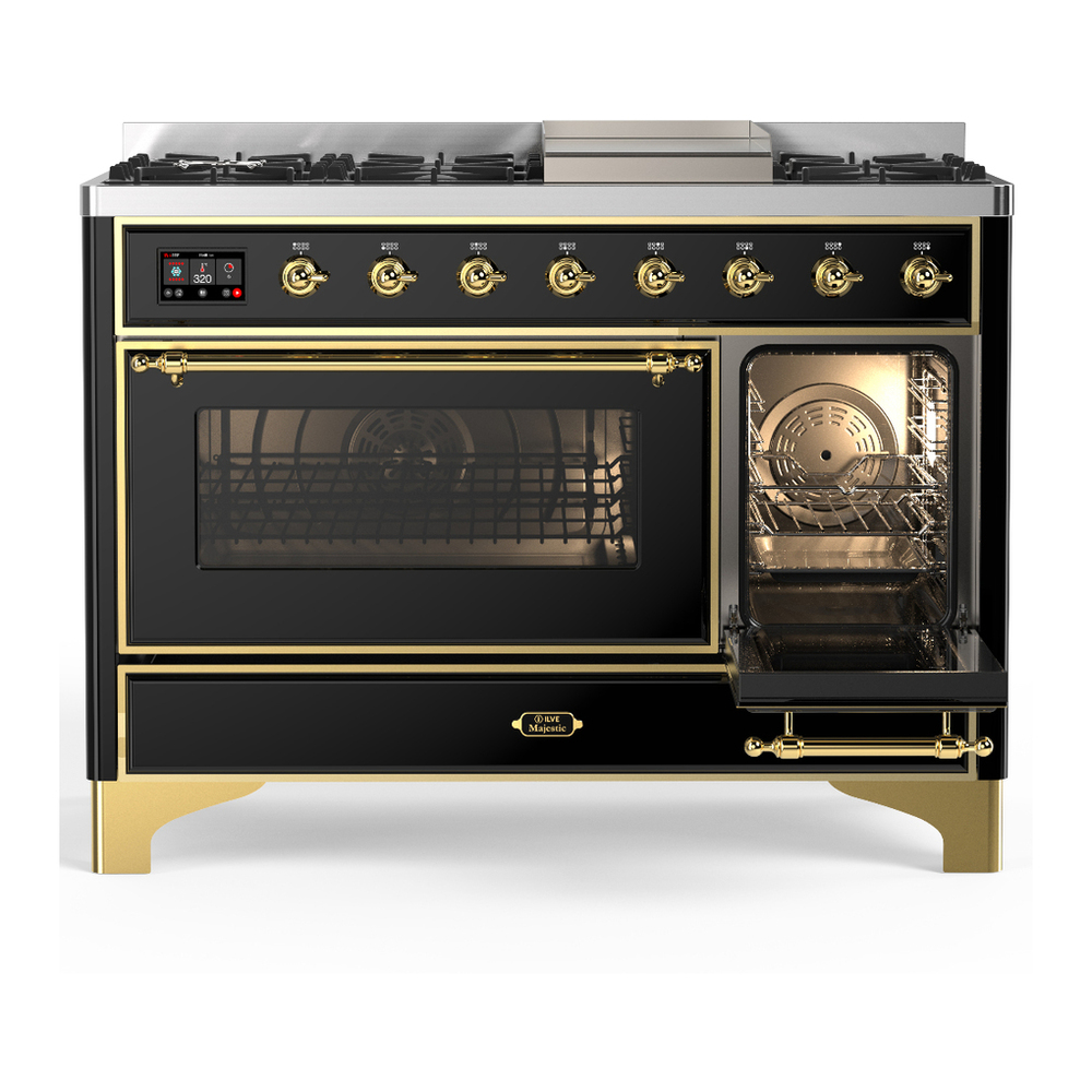 ILVE UM48FNR3BKGLP Majestic III 48 inch Dual Fuel Range with 8 Burners and Griddle, Dual Function Burner up to 25,000 BTU (Liquid Propane, Triple Glass Door, Glossy Black, Brass) 7 ILVE-UM48FNR3BKGLP-Secondary Oven Open View