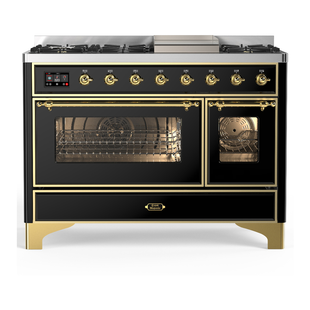 ILVE UM48FNR3BKG Majestic III 48 inch Dual Fuel Range with 8 Burners and Griddle, Dual Function Burner up to 25,000 BTU (Natural Gas, Triple Glass Door, Glossy Black, Brass) 1 UM48FNR3BKG