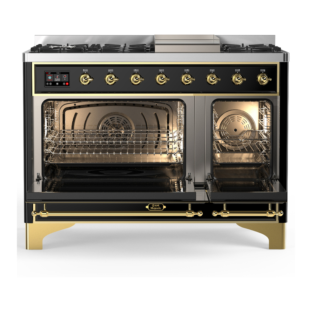 ILVE UM48FNR3BKG Majestic III 48 inch Dual Fuel Range with 8 Burners and Griddle, Dual Function Burner up to 25,000 BTU (Natural Gas, Triple Glass Door, Glossy Black, Brass) 2 ILVE-UM48FNR3BKG-Double Oven Open View