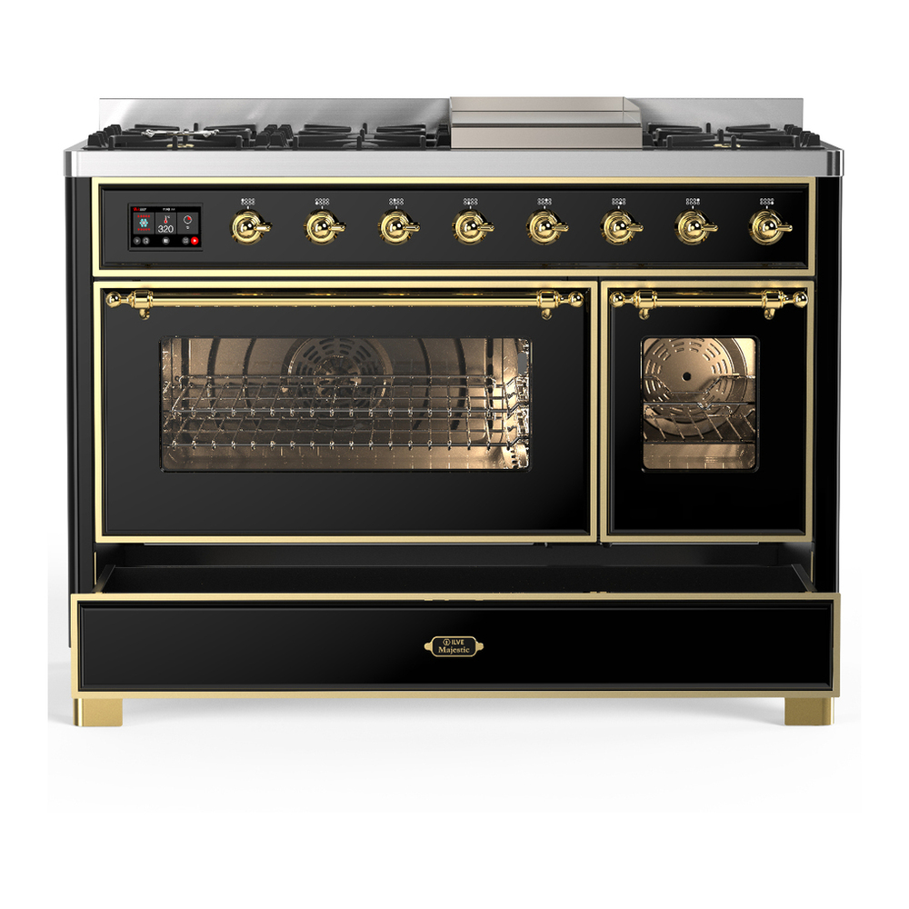 ILVE UM48FNR3BKG Majestic III 48 inch Dual Fuel Range with 8 Burners and Griddle, Dual Function Burner up to 25,000 BTU (Natural Gas, Triple Glass Door, Glossy Black, Brass) 5 ILVE-UM48FNR3BKG-Drawer Open View