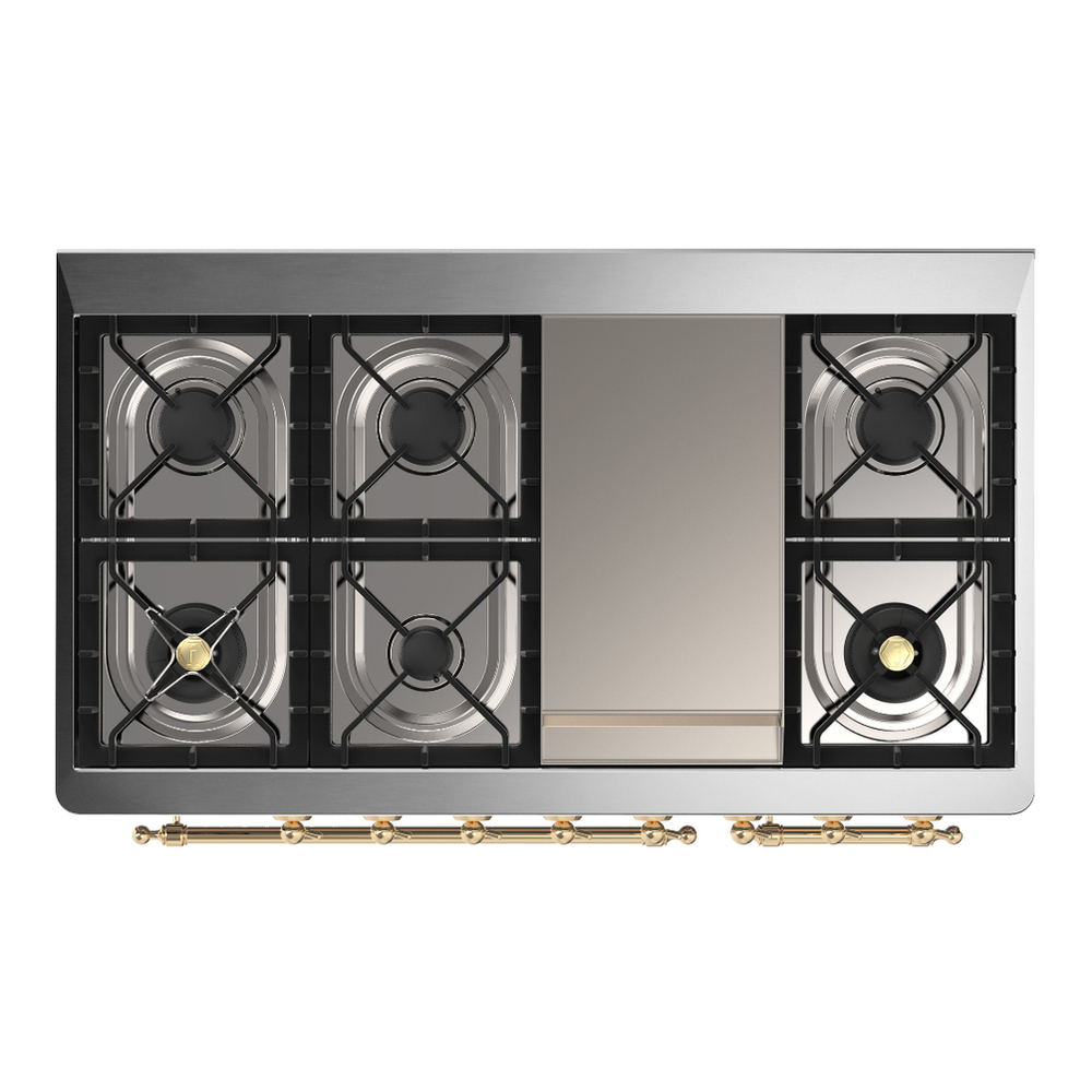 ILVE UM48FNR3BKG Majestic III 48 inch Dual Fuel Range with 8 Burners and Griddle, Dual Function Burner up to 25,000 BTU (Natural Gas, Triple Glass Door, Glossy Black, Brass) 9 ILVE-UM48FNR3BKG-Top View