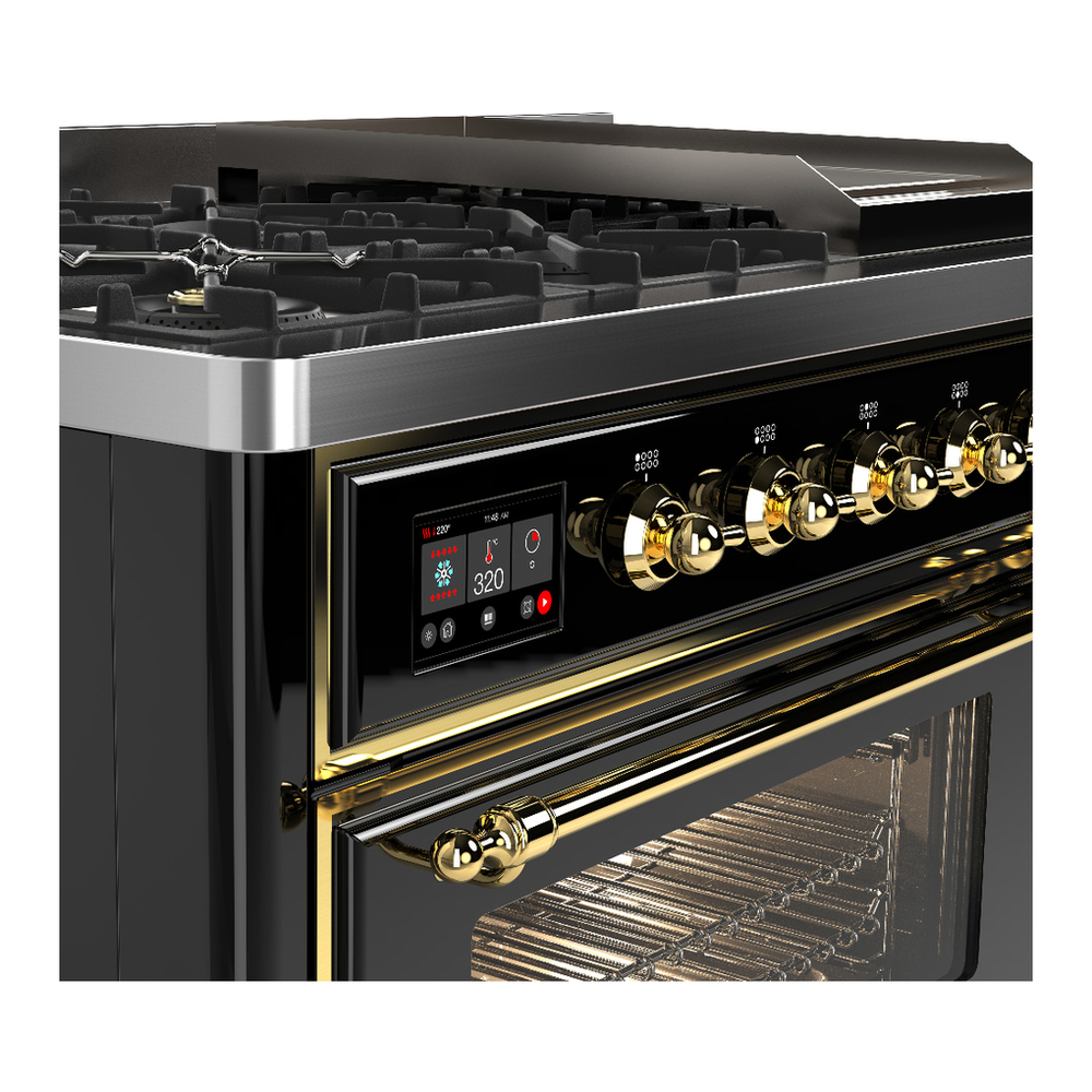 ILVE UM48FNR3BKG Majestic III 48 inch Dual Fuel Range with 8 Burners and Griddle, Dual Function Burner up to 25,000 BTU (Natural Gas, Triple Glass Door, Glossy Black, Brass) 7 ILVE-UM48FNR3BKG-Control Knobs View