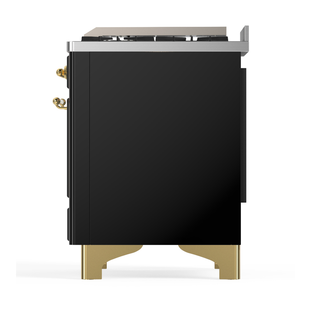 ILVE UM48FNR3BKG Majestic III 48 inch Dual Fuel Range with 8 Burners and Griddle, Dual Function Burner up to 25,000 BTU (Natural Gas, Triple Glass Door, Glossy Black, Brass) 9 ILVE-UM48FNR3BKG-Left Side View