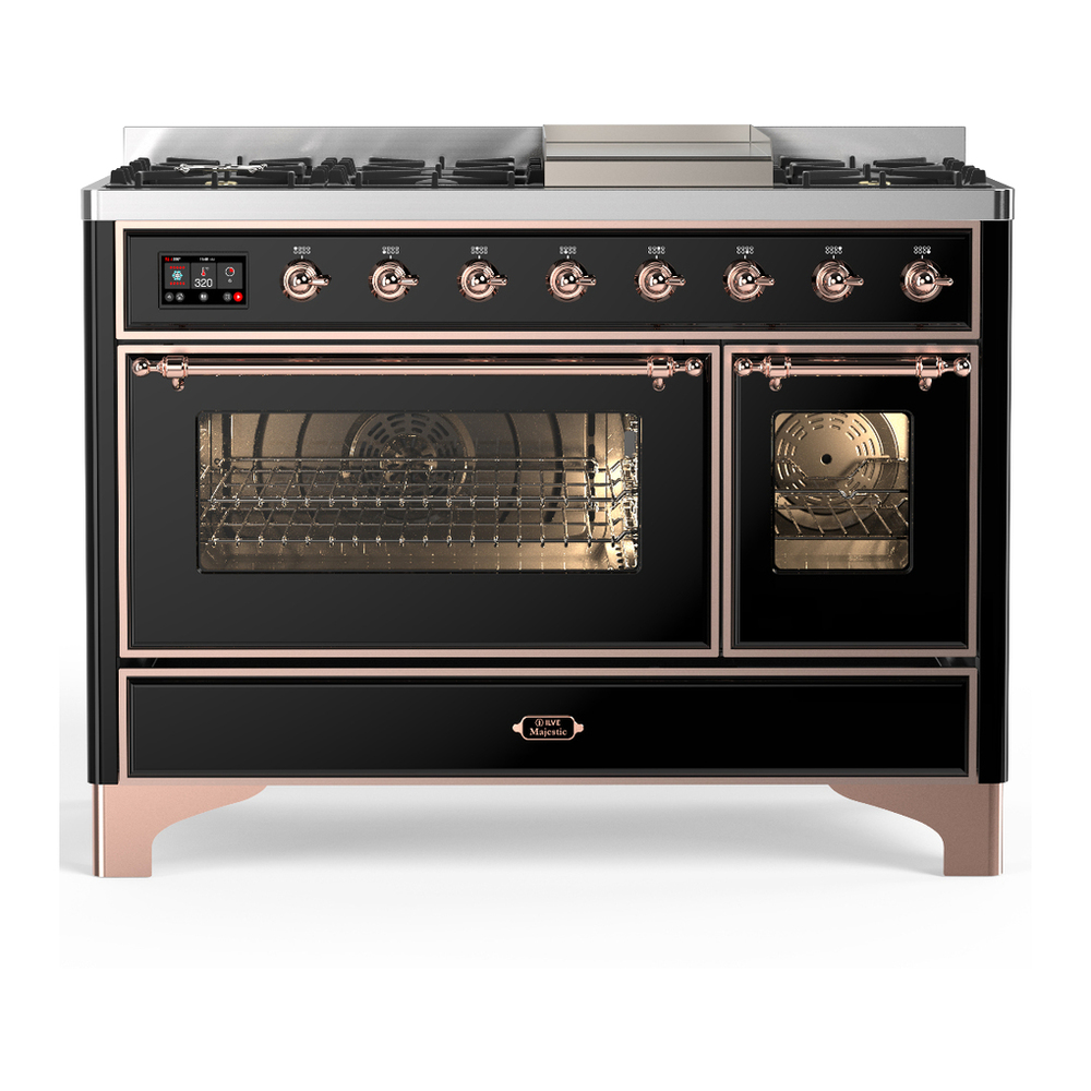 ILVE UM48FNR3BKPLP Majestic III 48 inch Dual Fuel Range with 8 Burners and Griddle, Dual Function Burner up to 25,000 BTU (Liquid Propane, Triple Glass Door, Glossy Black, Copper) 1 UM48FNR3BKPLP