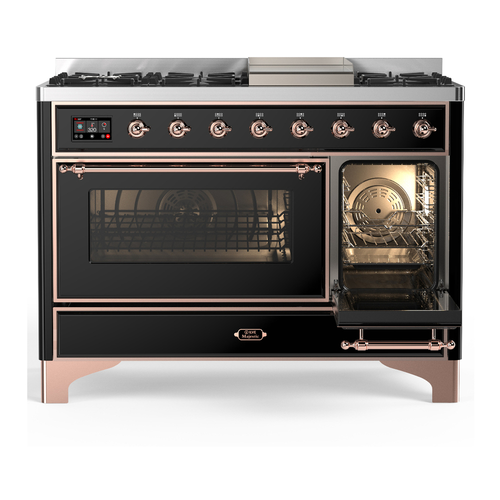 ILVE UM48FNR3BKPLP Majestic III 48 inch Dual Fuel Range with 8 Burners and Griddle, Dual Function Burner up to 25,000 BTU (Liquid Propane, Triple Glass Door, Glossy Black, Copper) 7 ILVE-UM48FNR3BKPLP-Secondary Oven Open View