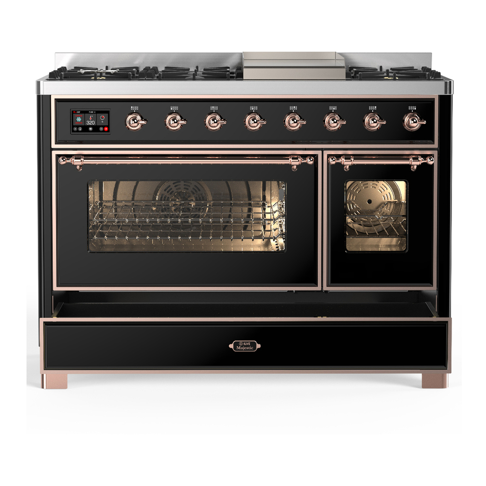 ILVE UM48FNR3BKPLP Majestic III 48 inch Dual Fuel Range with 8 Burners and Griddle, Dual Function Burner up to 25,000 BTU (Liquid Propane, Triple Glass Door, Glossy Black, Copper) 8 ILVE-UM48FNR3BKPLP-Drawer Open View