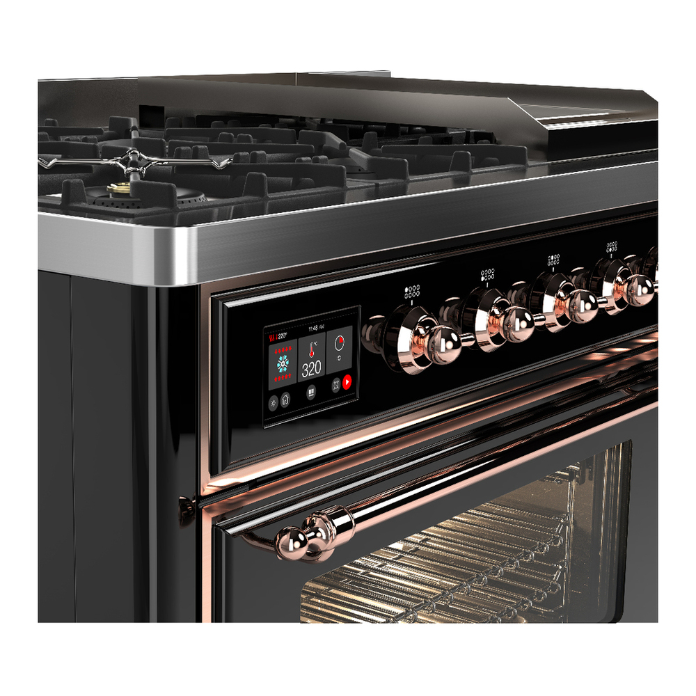 ILVE UM48FNR3BKPLP Majestic III 48 inch Dual Fuel Range with 8 Burners and Griddle, Dual Function Burner up to 25,000 BTU (Liquid Propane, Triple Glass Door, Glossy Black, Copper) 10 ILVE-UM48FNR3BKPLP-Control Knobs View