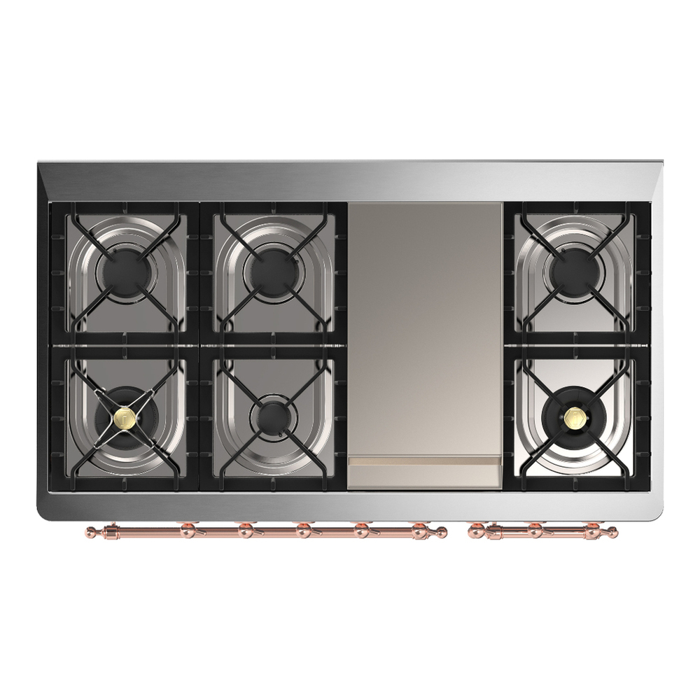 ILVE UM48FNR3BKP Majestic III 48 inch Dual Fuel Range with 8 Burners and Griddle, Dual Function Burner up to 25,000 BTU (Natural Gas, Triple Glass Door, Glossy Black, Copper) 9 ILVE-UM48FNR3BKP-Top View