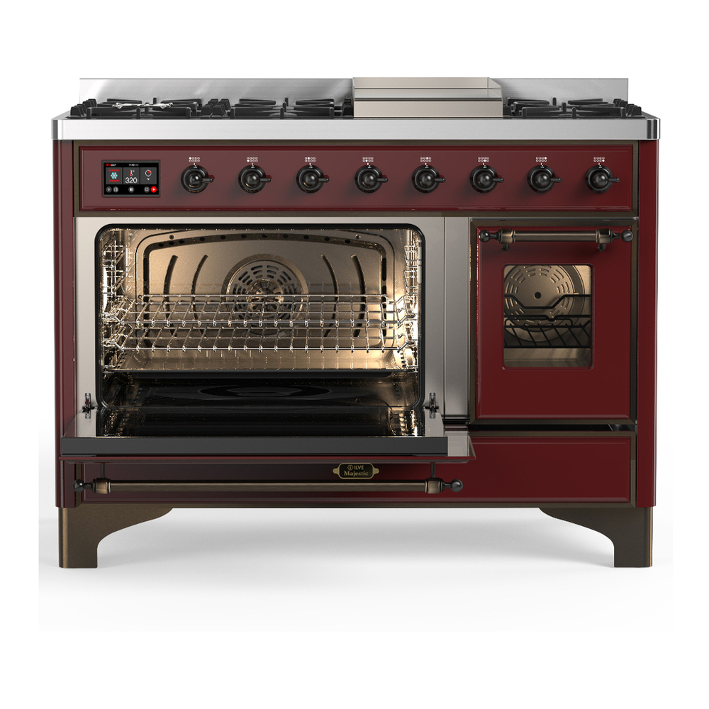 ILVE UM48FNR3BUBLP Majestic III 48 inch Dual Fuel Range with 8 Burners and Griddle, Dual Function Burner up to 25,000 BTU (Liquid Propane, Triple Glass Door, Burgundy, Burnished) 3 ILVE-UM48FNR3BUBLP-Primary Oven Open View