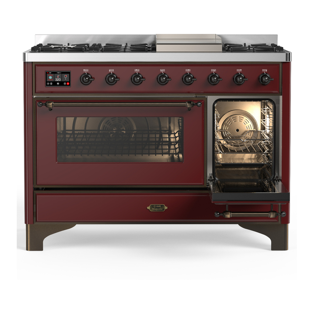 ILVE UM48FNR3BUBLP Majestic III 48 inch Dual Fuel Range with 8 Burners and Griddle, Dual Function Burner up to 25,000 BTU (Liquid Propane, Triple Glass Door, Burgundy, Burnished) 4 ILVE-UM48FNR3BUBLP-Secondary Oven Open View