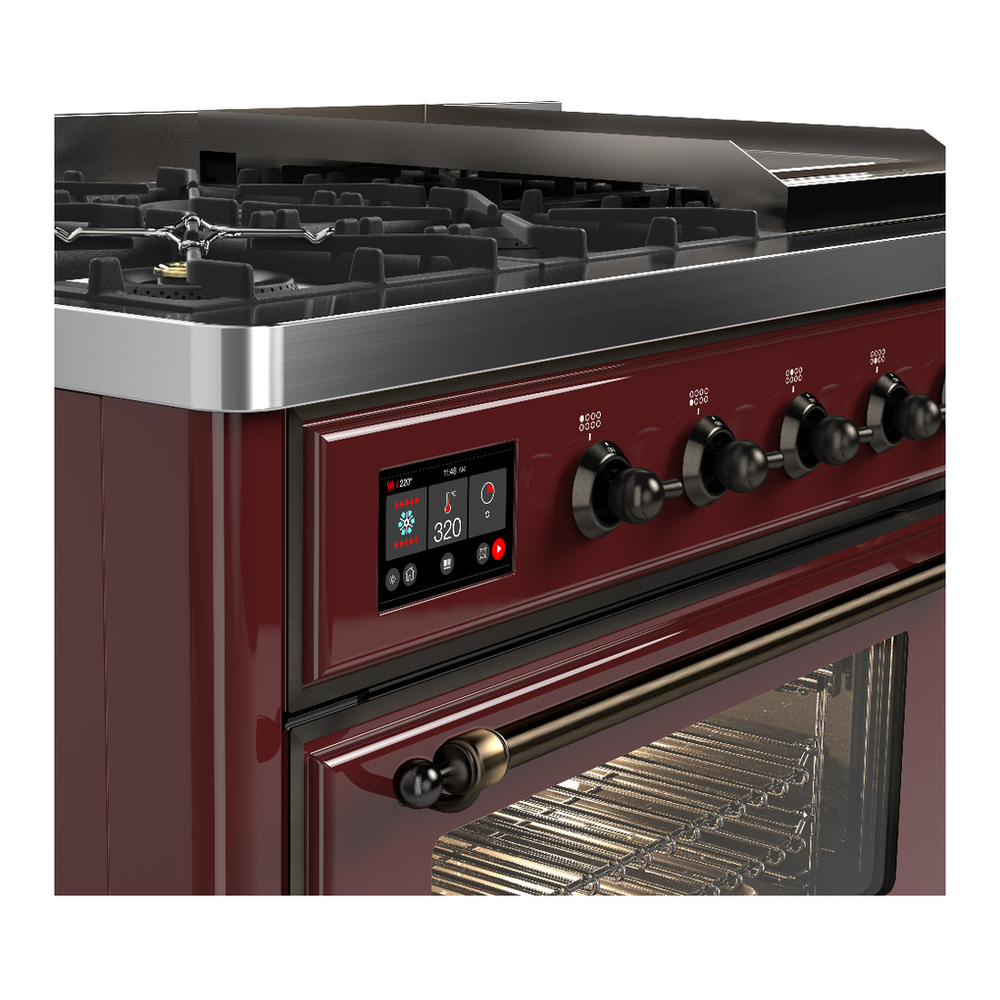 ILVE UM48FNR3BUBLP Majestic III 48 inch Dual Fuel Range with 8 Burners and Griddle, Dual Function Burner up to 25,000 BTU (Liquid Propane, Triple Glass Door, Burgundy, Burnished) 7 ILVE-UM48FNR3BUBLP-Control Knobs View