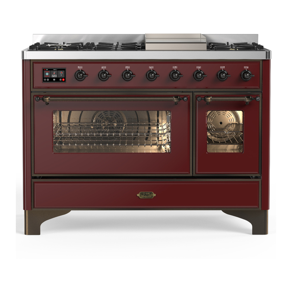 ILVE UM48FNR3BUB Majestic III 48 inch Dual Fuel Range with 8 Burners and Griddle, Dual Function Burner up to 25,000 BTU (Natural Gas, Triple Glass Door, Burgundy, Burnished) 1 UM48FNR3BUB