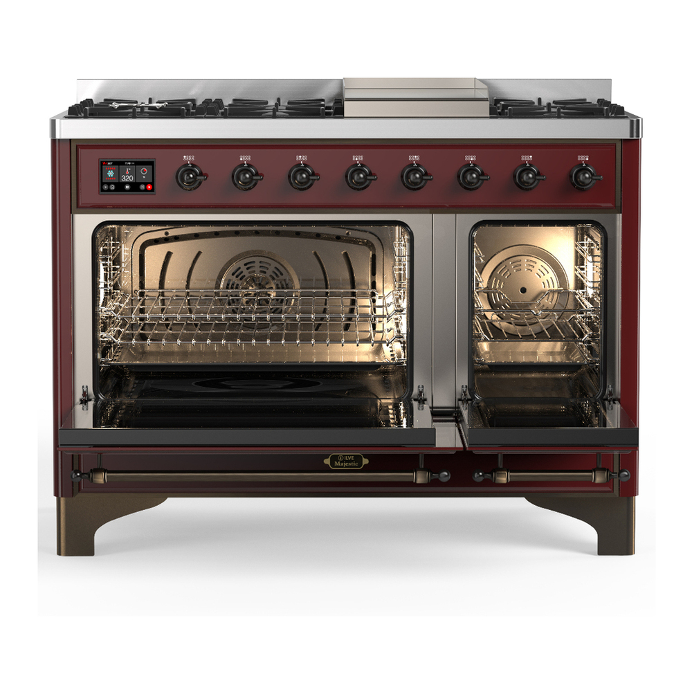 ILVE UM48FNR3BUB Majestic III 48 inch Dual Fuel Range with 8 Burners and Griddle, Dual Function Burner up to 25,000 BTU (Natural Gas, Triple Glass Door, Burgundy, Burnished) 5 ILVE-UM48FNR3BUB-Double Oven Open View