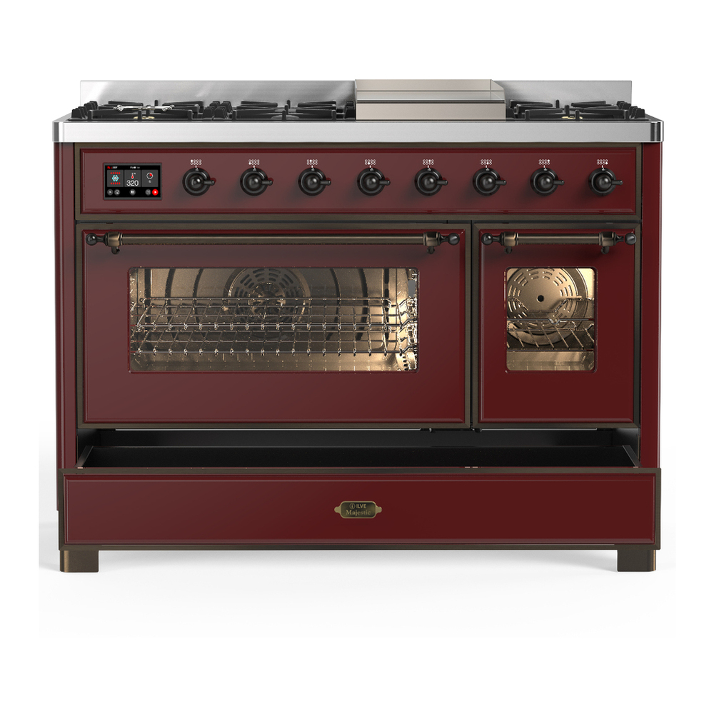 ILVE UM48FNR3BUB Majestic III 48 inch Dual Fuel Range with 8 Burners and Griddle, Dual Function Burner up to 25,000 BTU (Natural Gas, Triple Glass Door, Burgundy, Burnished) 8 ILVE-UM48FNR3BUB-Drawer Open View