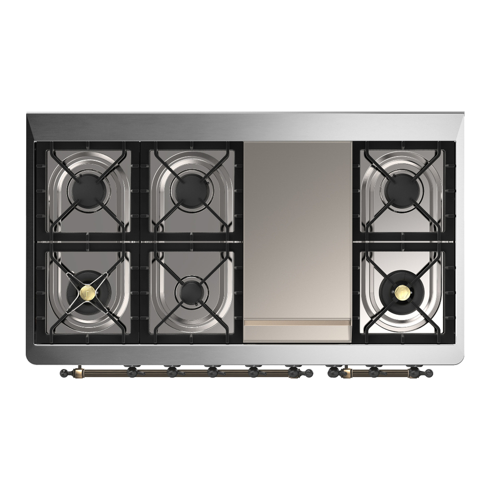 ILVE UM48FNR3BUB Majestic III 48 inch Dual Fuel Range with 8 Burners and Griddle, Dual Function Burner up to 25,000 BTU (Natural Gas, Triple Glass Door, Burgundy, Burnished) 9 ILVE-UM48FNR3BUB-Top View