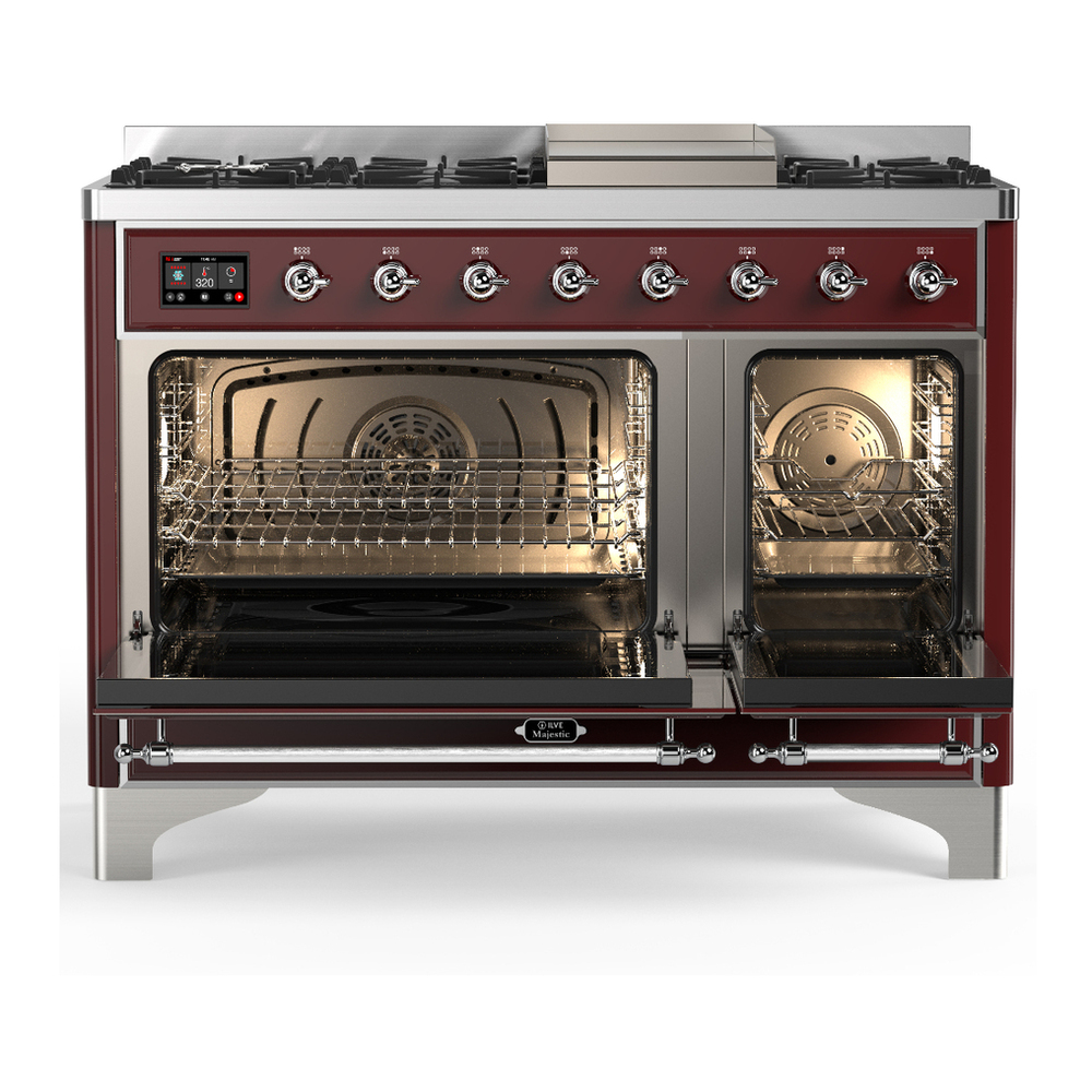 ILVE UM48FNR3BUCLP Majestic III 48 inch Dual Fuel Range with 8 Burners and Griddle, Dual Function Burner up to 25,000 BTU (Liquid Propane, Triple Glass Door, Burgundy, Chrome) 2 ILVE-UM48FNR3BUCLP-Double Oven Open View