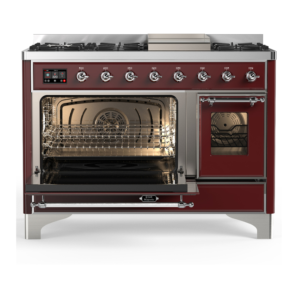 ILVE UM48FNR3BUCLP Majestic III 48 inch Dual Fuel Range with 8 Burners and Griddle, Dual Function Burner up to 25,000 BTU (Liquid Propane, Triple Glass Door, Burgundy, Chrome) 3 ILVE-UM48FNR3BUCLP-Primary Oven Open View