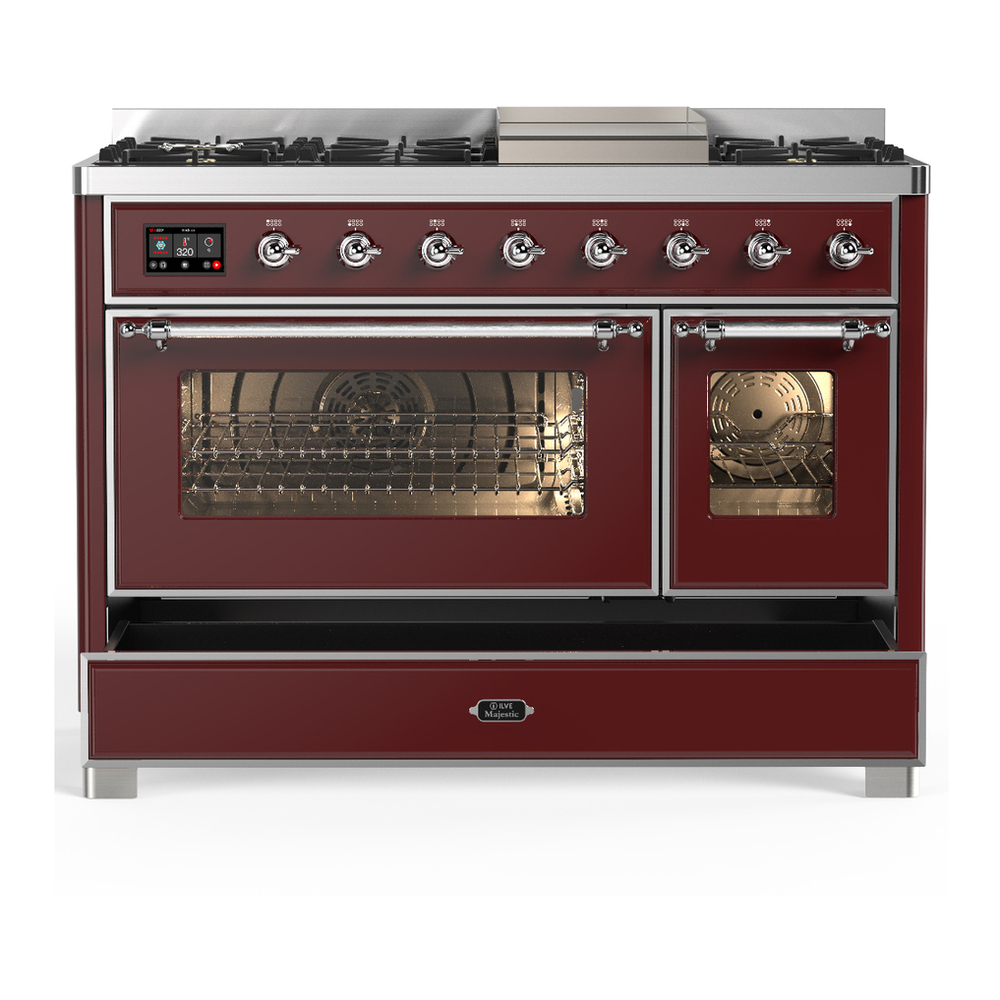ILVE UM48FNR3BUCLP Majestic III 48 inch Dual Fuel Range with 8 Burners and Griddle, Dual Function Burner up to 25,000 BTU (Liquid Propane, Triple Glass Door, Burgundy, Chrome) 5 ILVE-UM48FNR3BUCLP-Drawer Open View