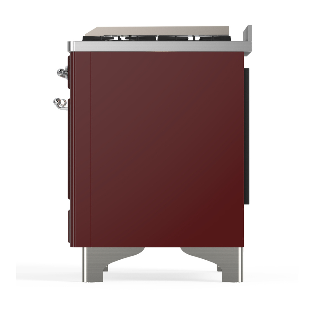 ILVE UM48FNR3BUCLP Majestic III 48 inch Dual Fuel Range with 8 Burners and Griddle, Dual Function Burner up to 25,000 BTU (Liquid Propane, Triple Glass Door, Burgundy, Chrome) 12 ILVE-UM48FNR3BUCLP-Left Side View