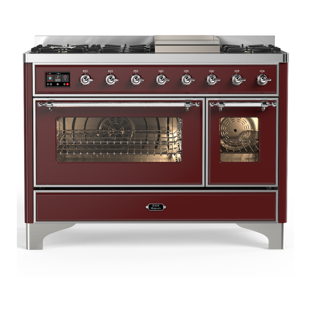 ILVE UM48FNR3BUC Majestic III 48 inch Dual Fuel Range with 8 Burners and Griddle, Dual Function Burner up to 25,000 BTU (Natural Gas, Triple Glass Door, Burgundy, Chrome) 1 UM48FNR3BUC