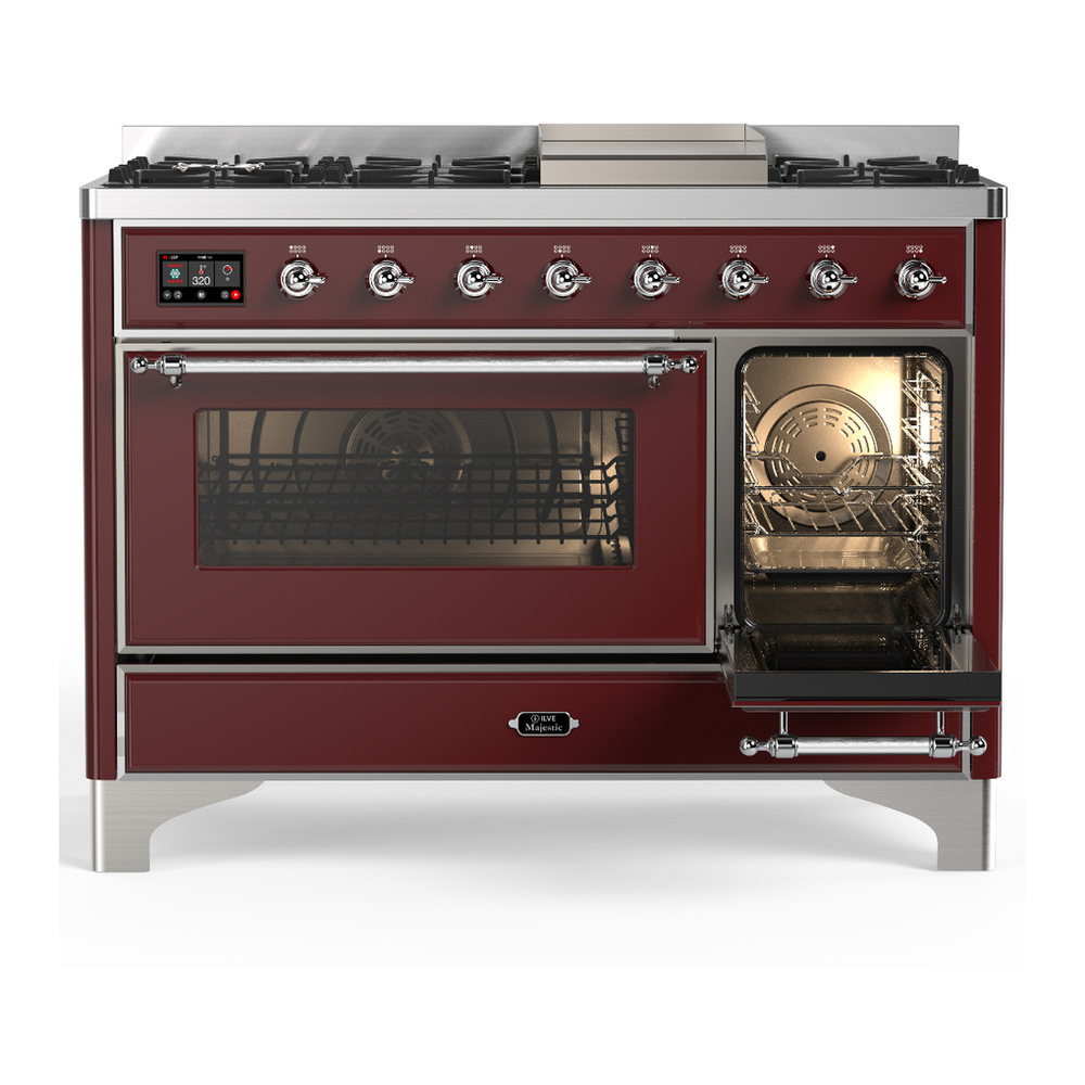 ILVE UM48FNR3BUC Majestic III 48 inch Dual Fuel Range with 8 Burners and Griddle, Dual Function Burner up to 25,000 BTU (Natural Gas, Triple Glass Door, Burgundy, Chrome) 4 ILVE-UM48FNR3BUC-Secondary Oven Open View