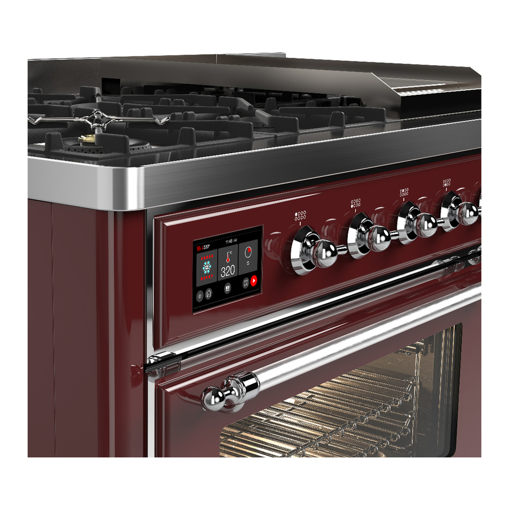 ILVE UM48FNR3BUC Majestic III 48 inch Dual Fuel Range with 8 Burners and Griddle, Dual Function Burner up to 25,000 BTU (Natural Gas, Triple Glass Door, Burgundy, Chrome) 7 ILVE-UM48FNR3BUC-Control Knobs View