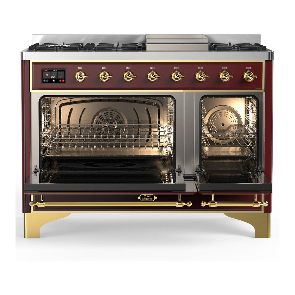 ILVE UM48FNR3BUGLP Majestic III 48 inch Dual Fuel Range with 8 Burners and Griddle, Dual Function Burner up to 25,000 BTU (Liquid Propane, Triple Glass Door, Burgundy, Brass) 2 ILVE-UM48FNR3BUGLP-Double Oven Open View