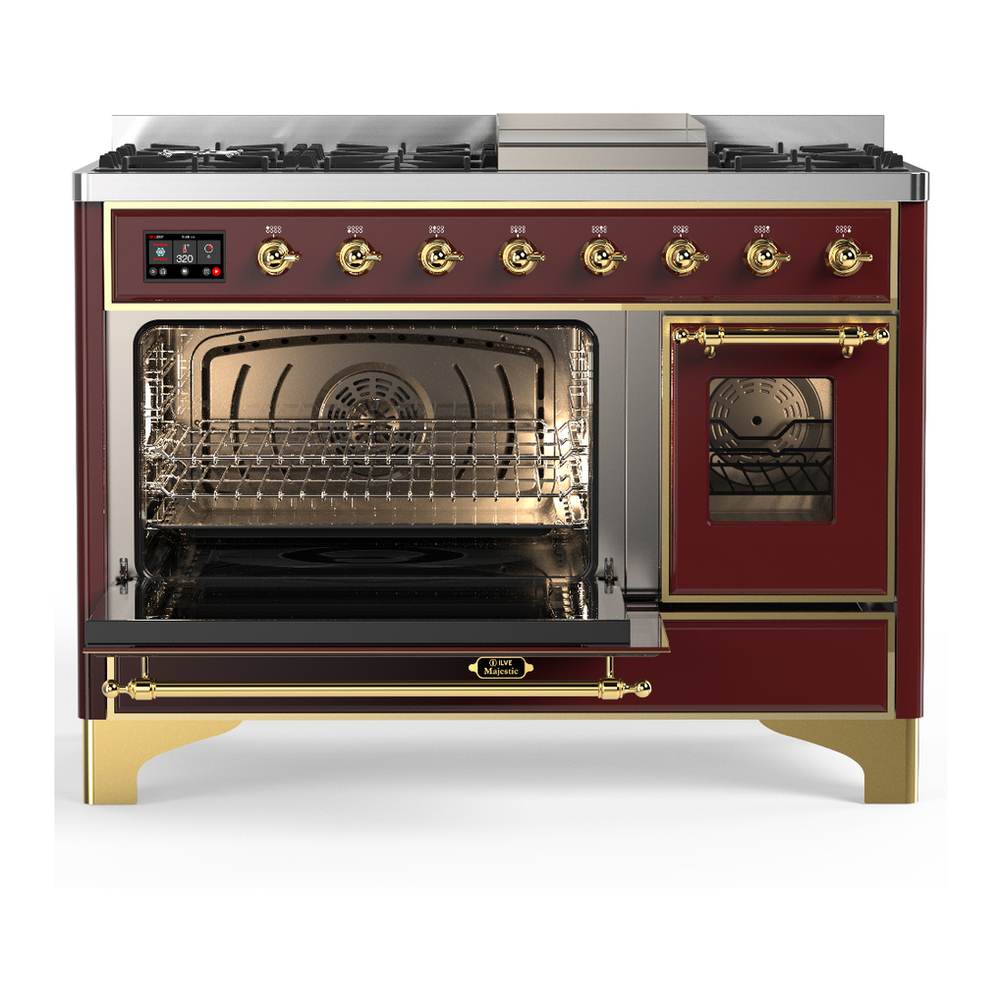 ILVE UM48FNR3BUGLP Majestic III 48 inch Dual Fuel Range with 8 Burners and Griddle, Dual Function Burner up to 25,000 BTU (Liquid Propane, Triple Glass Door, Burgundy, Brass) 6 ILVE-UM48FNR3BUGLP-Primary Oven Open View