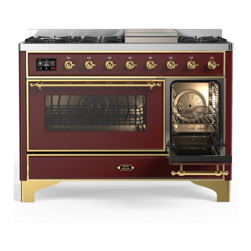 ILVE UM48FNR3BUGLP Majestic III 48 inch Dual Fuel Range with 8 Burners and Griddle, Dual Function Burner up to 25,000 BTU (Liquid Propane, Triple Glass Door, Burgundy, Brass) 4 ILVE-UM48FNR3BUGLP-Secondary Oven Open View