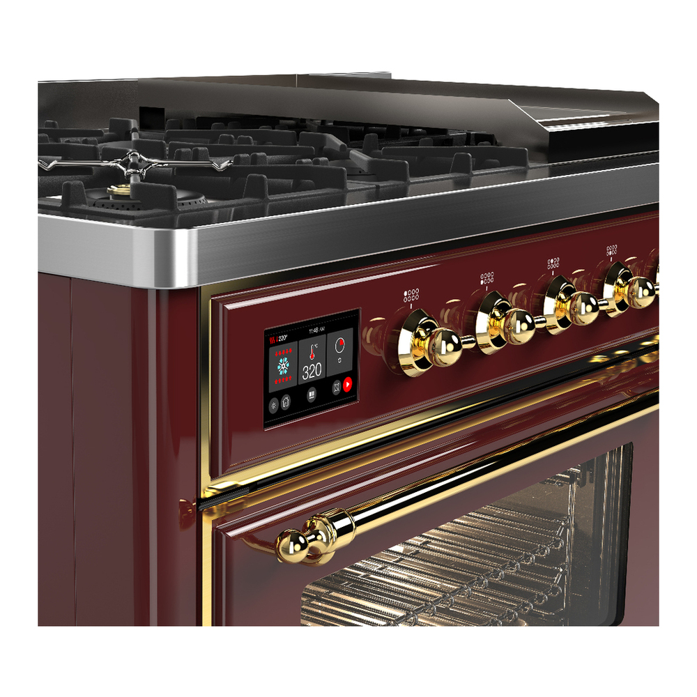ILVE UM48FNR3BUGLP Majestic III 48 inch Dual Fuel Range with 8 Burners and Griddle, Dual Function Burner up to 25,000 BTU (Liquid Propane, Triple Glass Door, Burgundy, Brass) 10 ILVE-UM48FNR3BUGLP-Control Knobs View
