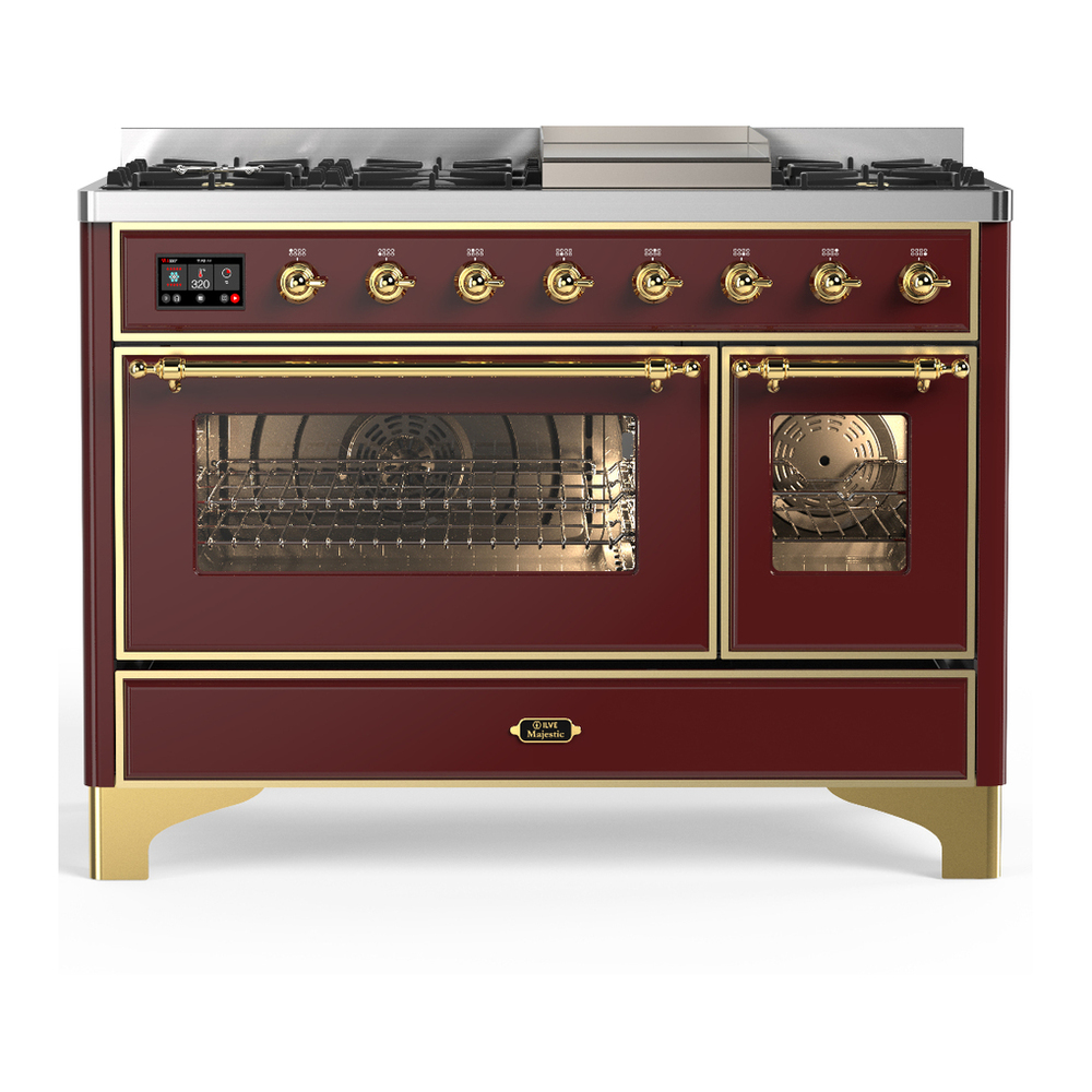 ILVE UM48FNR3BUG Majestic III 48 inch Dual Fuel Range with 8 Burners and Griddle, Dual Function Burner up to 25,000 BTU (Natural Gas, Triple Glass Door, Burgundy, Brass) 1 UM48FNR3BUG