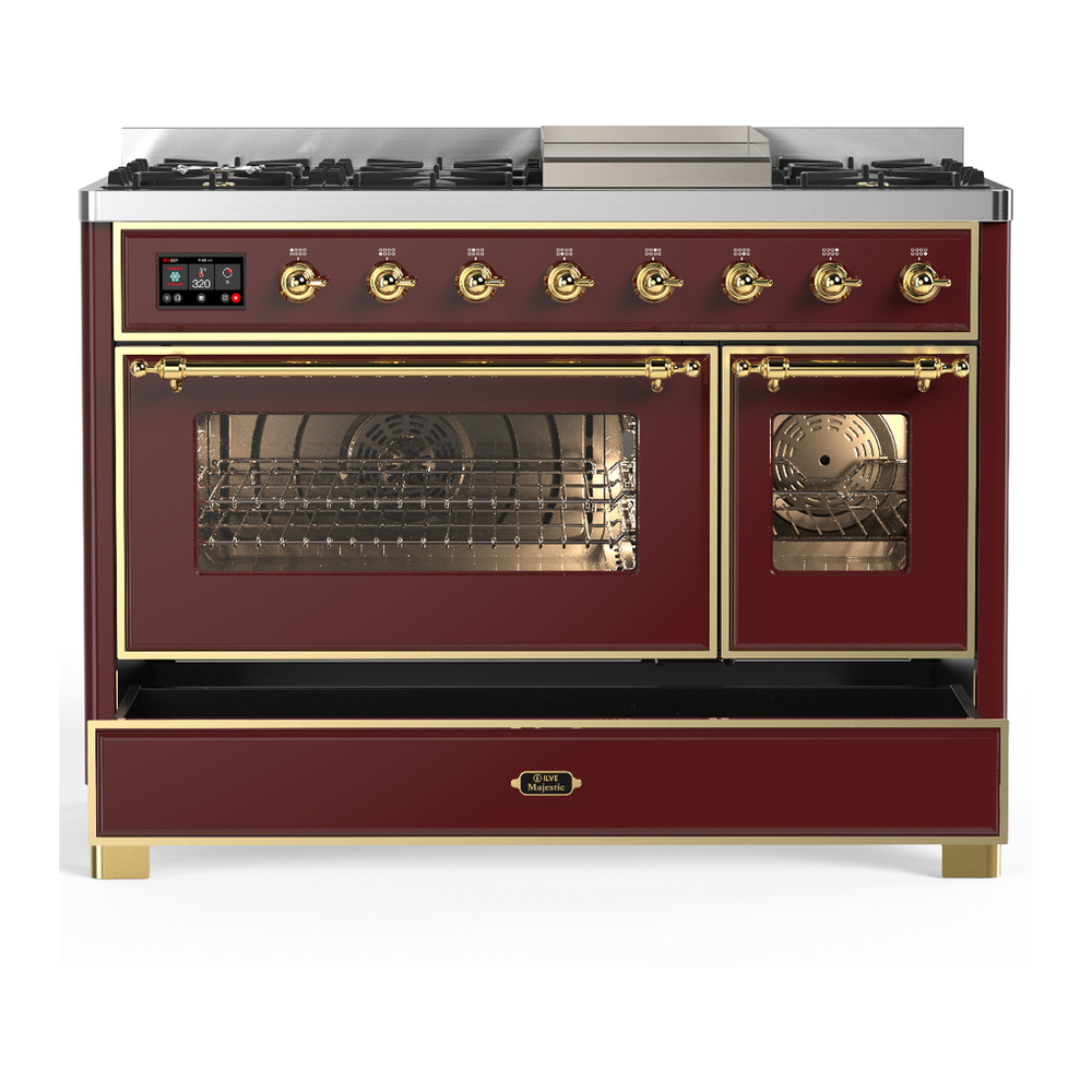 ILVE UM48FNR3BUG Majestic III 48 inch Dual Fuel Range with 8 Burners and Griddle, Dual Function Burner up to 25,000 BTU (Natural Gas, Triple Glass Door, Burgundy, Brass) 5 ILVE-UM48FNR3BUG-Drawer Open View