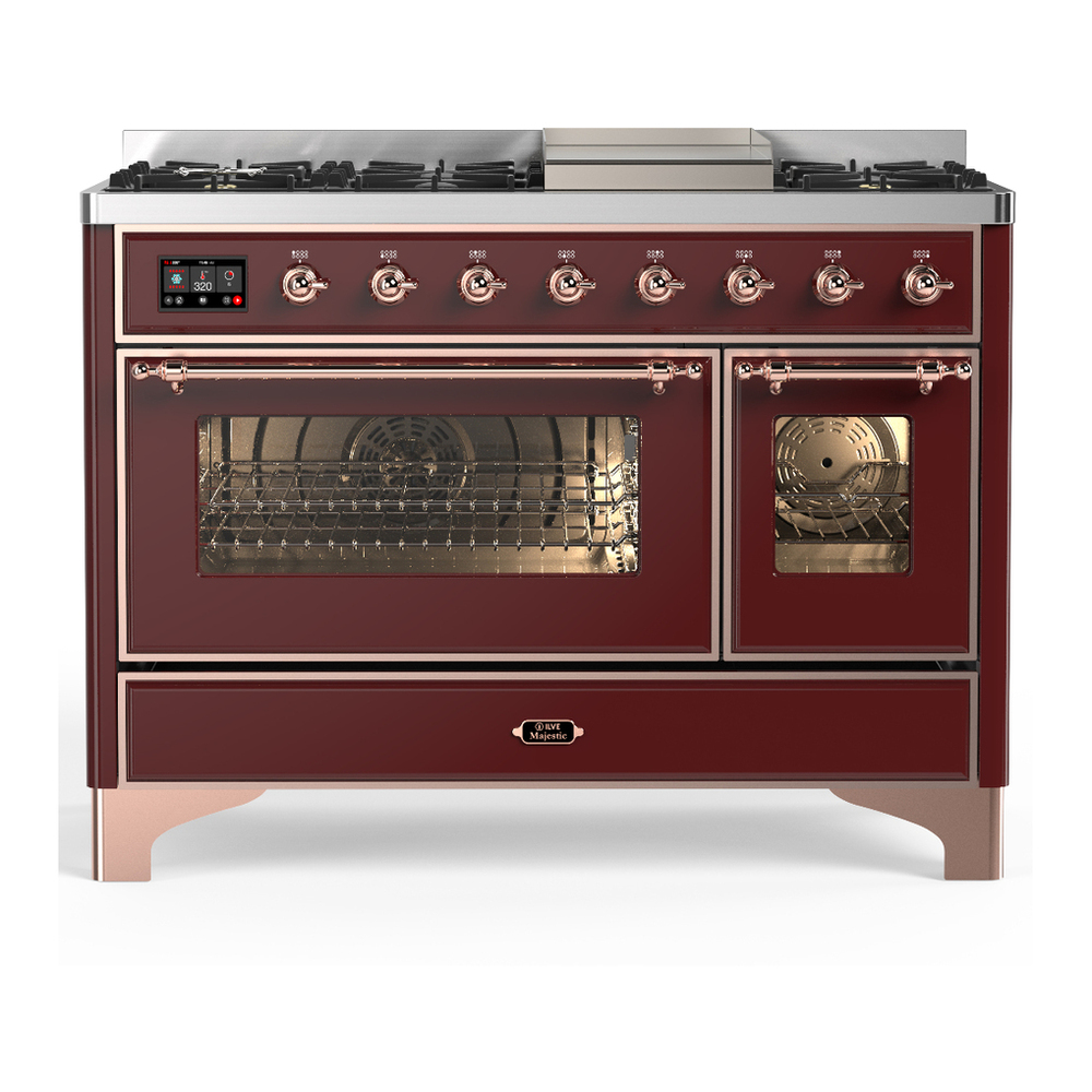 ILVE UM48FNR3BUPLP Majestic III 48 inch Dual Fuel Range with 8 Burners and Griddle, Dual Function Burner up to 25,000 BTU (Liquid Propane, Triple Glass Door, Burgundy, Copper) 1 UM48FNR3BUPLP