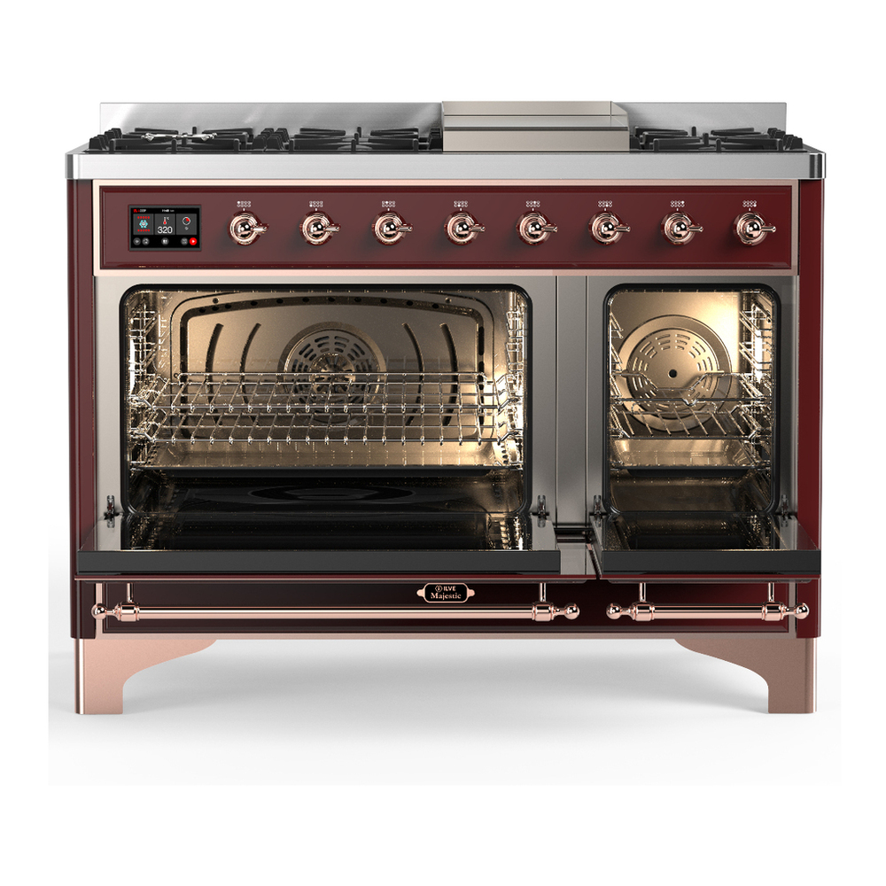 ILVE UM48FNR3BUPLP Majestic III 48 inch Dual Fuel Range with 8 Burners and Griddle, Dual Function Burner up to 25,000 BTU (Liquid Propane, Triple Glass Door, Burgundy, Copper) 2 ILVE-UM48FNR3BUPLP-Double Oven Open View
