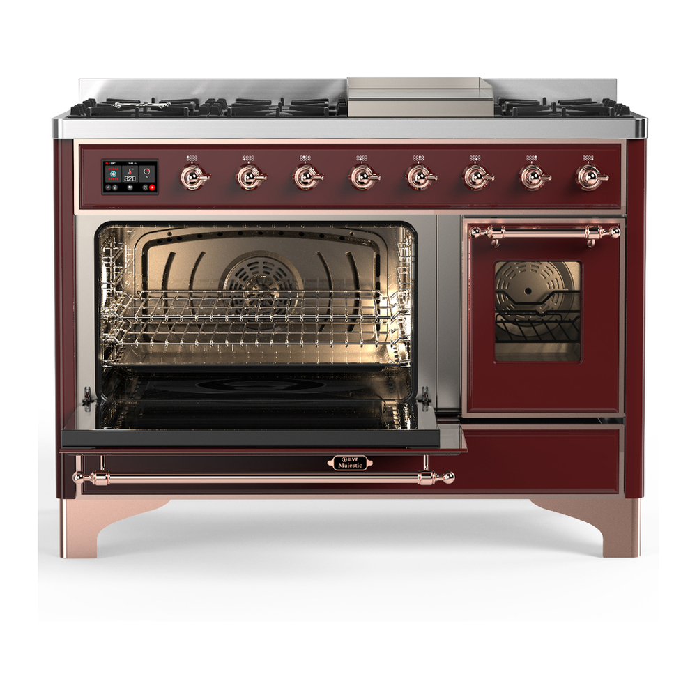 ILVE UM48FNR3BUPLP Majestic III 48 inch Dual Fuel Range with 8 Burners and Griddle, Dual Function Burner up to 25,000 BTU (Liquid Propane, Triple Glass Door, Burgundy, Copper) 3 ILVE-UM48FNR3BUPLP-Primary Oven Open View