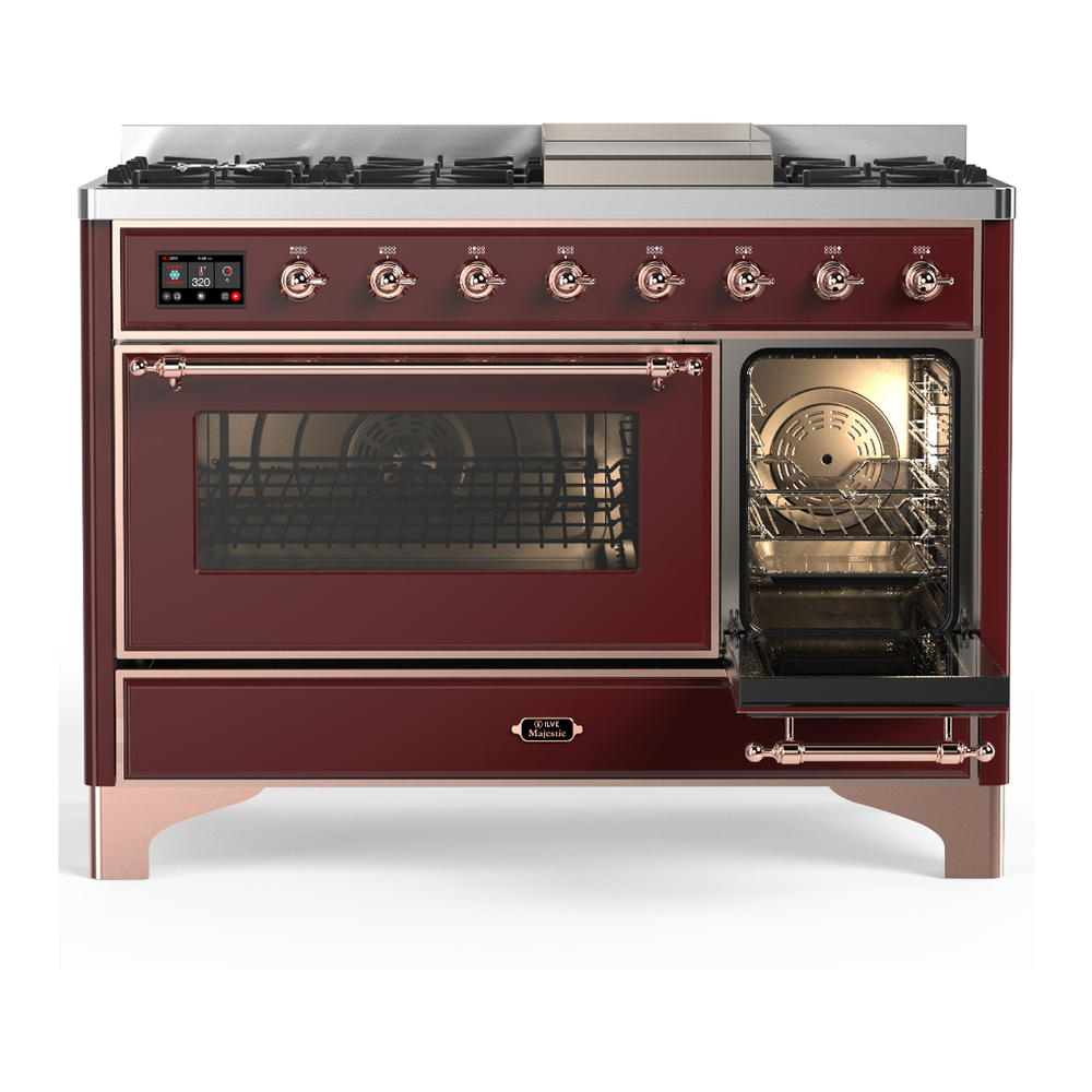 ILVE UM48FNR3BUPLP Majestic III 48 inch Dual Fuel Range with 8 Burners and Griddle, Dual Function Burner up to 25,000 BTU (Liquid Propane, Triple Glass Door, Burgundy, Copper) 4 ILVE-UM48FNR3BUPLP-Secondary Oven Open View