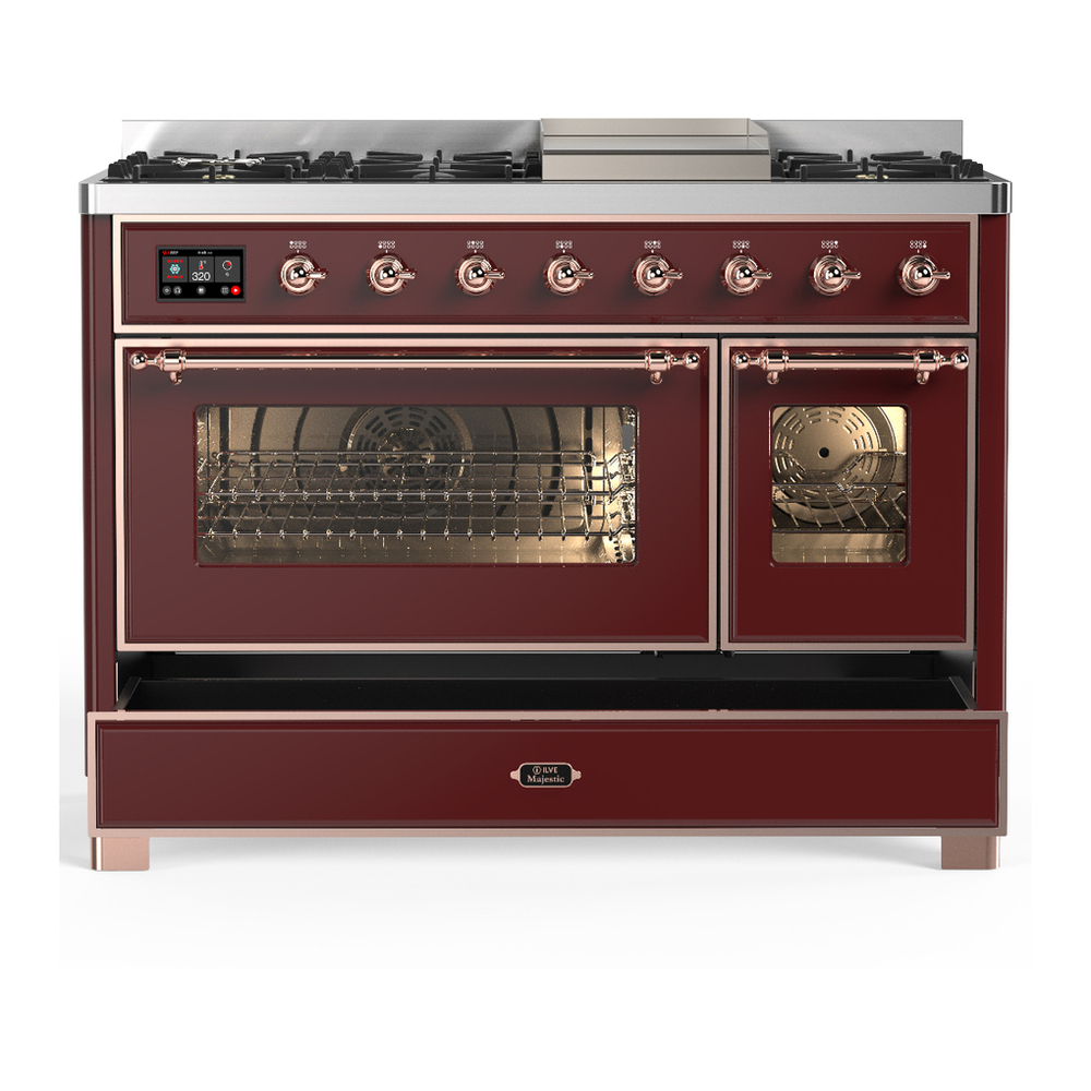 ILVE UM48FNR3BUPLP Majestic III 48 inch Dual Fuel Range with 8 Burners and Griddle, Dual Function Burner up to 25,000 BTU (Liquid Propane, Triple Glass Door, Burgundy, Copper) 5 ILVE-UM48FNR3BUPLP-Drawer Open View